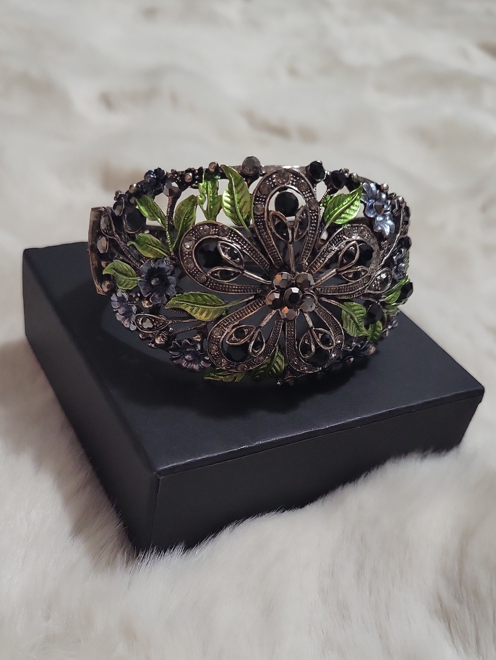Floral Filigree Rhinestone Accents Enameled Flowers Hinged Cuff Bracelet